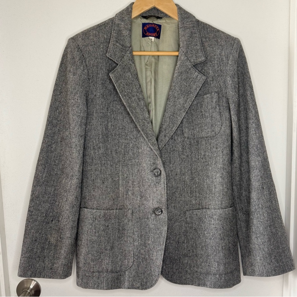 Regatta Sport Blazer Jacket 100% Wool Vintage Heather Gray One Button Women’s 8